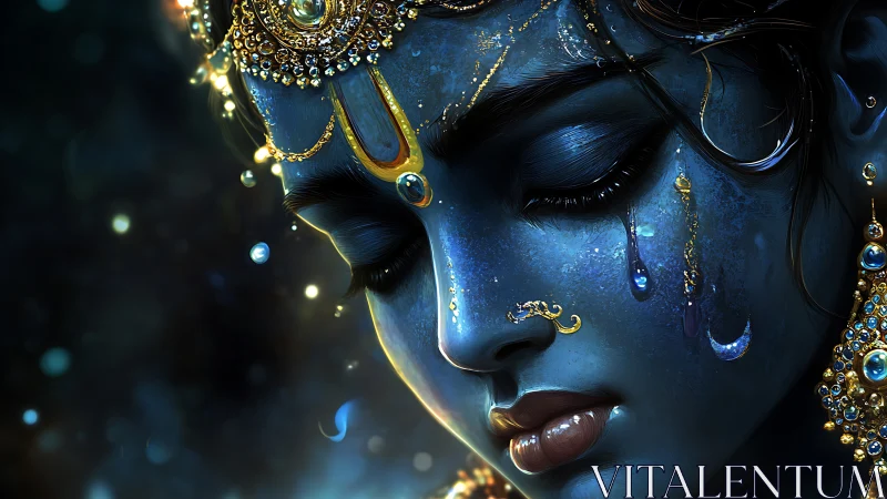 Divine blue visage glows with jeweled tears and cosmic light.