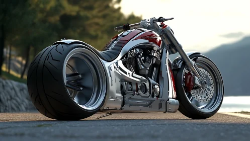 Low-angle render of wide-tire custom cruiser motorcycle design.