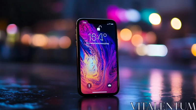 Sleek smartphone glows softly against dreamy city night lights