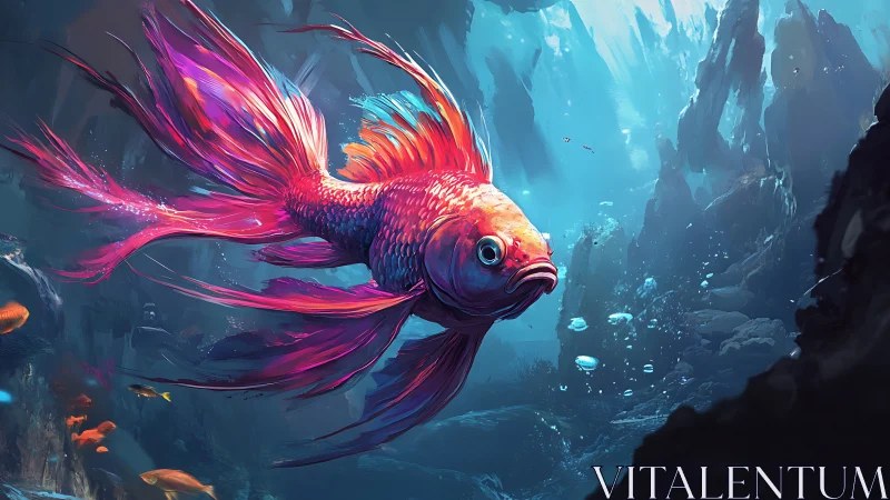 Vibrant betta fish glides through luminous ocean canyon.