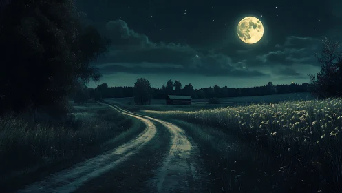 Rural dirt road under full moonlight with luminous cloud cover