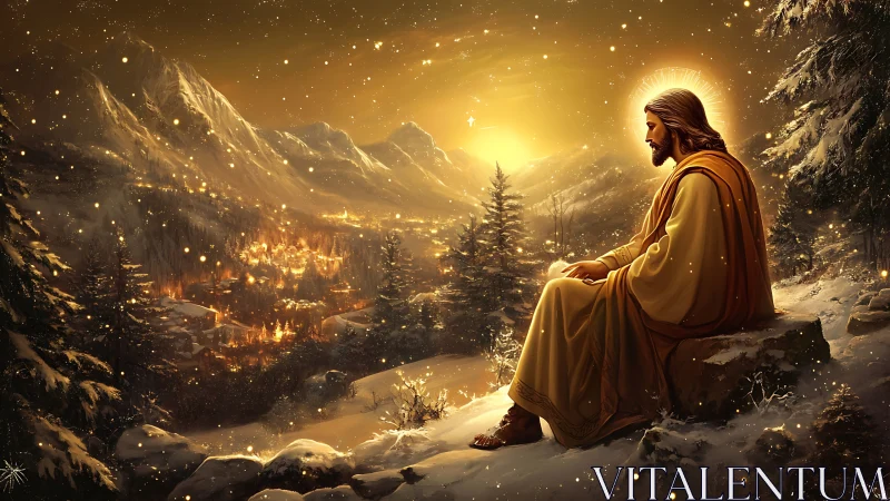 Snowlit savior watching a golden valley cradle its dreams.