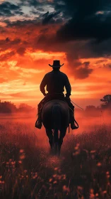 Lone cowboy riding home beneath a glowing ember sunset.