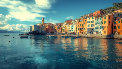 Sunlit harbor row glows against turquoise Mediterranean hush.