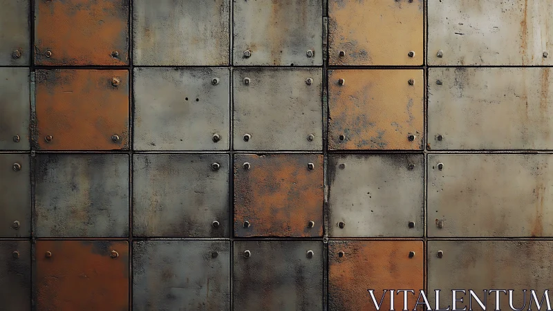 Weathered metal wall tiles form an industrial rusted backdrop