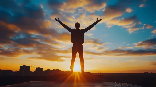 Silhouetted figure welcomes a radiant sunrise above the city