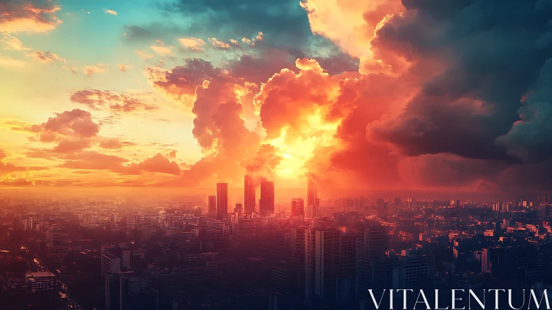 High-rise metropolis skyline under hyper-saturated sunset sky