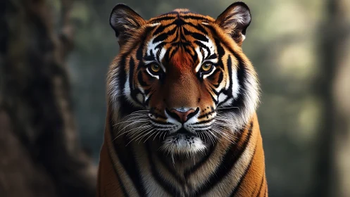 Forest monarch tiger staring down the hush of shadowed light.