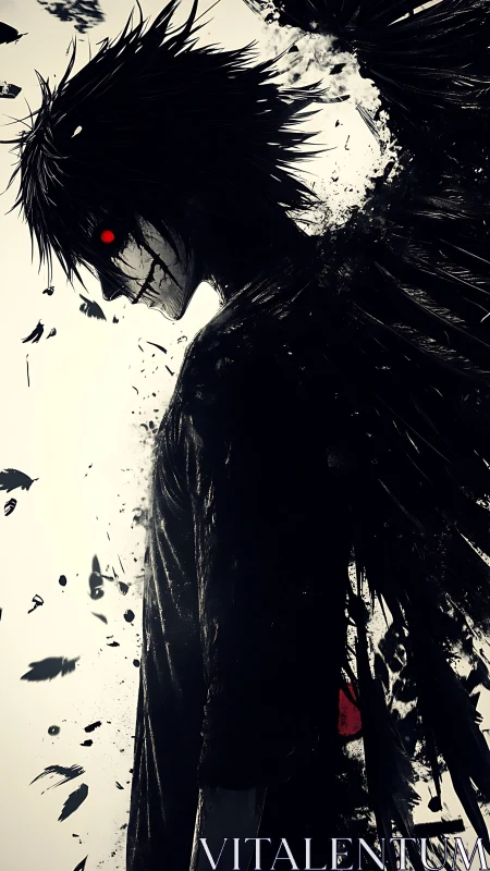 Shadowed winged figure gazes ahead with eerie red eyes