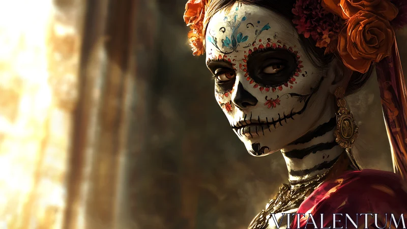 Catrina portrait with chiaroscuro Dia de Muertos detailing.