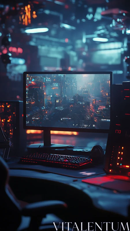 Cyberpunk gaming workstation renders neon-lit dystopian cityscape