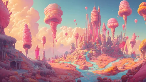 Cotton-candy stratocloud metropolis with chromatic river canyons.