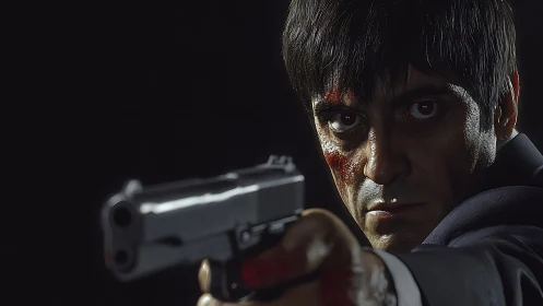 Gunman aims forward under harsh dramatic spotlight.