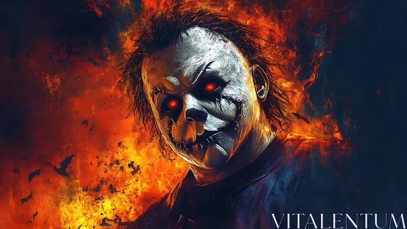 Burning mask fiend with ember eyes in a nightmare blaze.