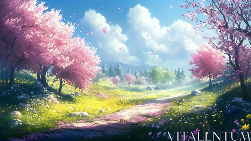 Sunlit spring pathway beneath soft pink blossom trees.