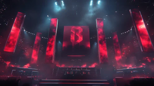 Electric red arena pulsing with futuristic gaming energy.