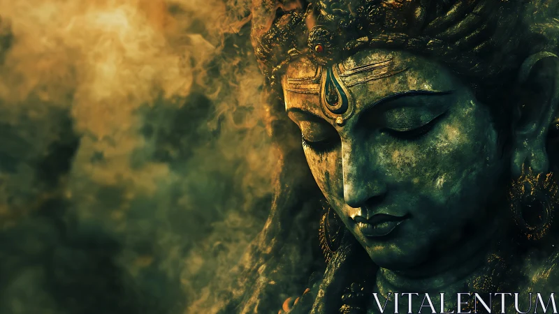 Digital rendering of weathered Hindu deity bust in smoke