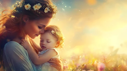 Mother and Child in Golden Sunlight with Floral Crowns.
