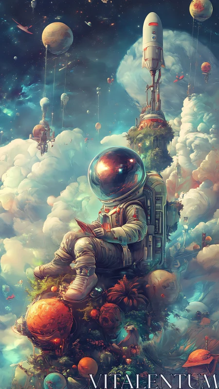 Dreamy astronaut reading on floating garden worlds in space.