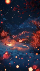 Snowy mountain village at night with illuminated cabins.