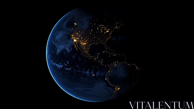 Earth glows over Americas with city lights against deep space