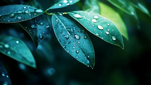 Macro optical study of rain droplets on glossy green leaves.