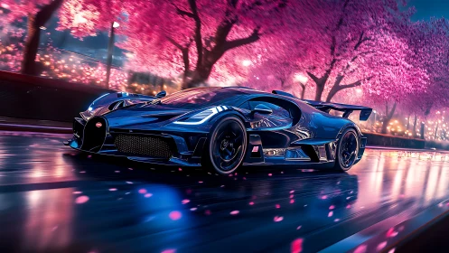 Midnight hypercar races under neon cherry blossoms.