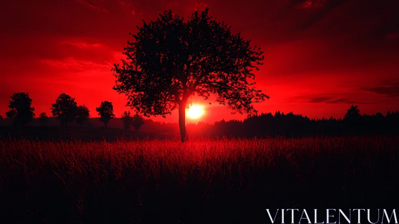 Monochrome red sunset tree silhouette in digital painting style.