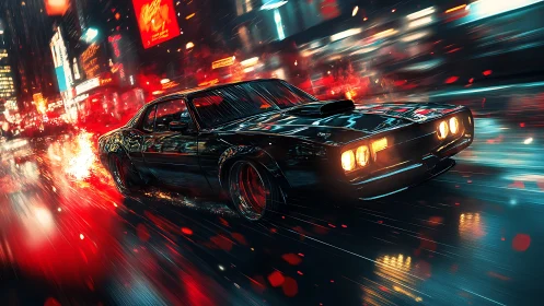 Muscle car storms through neon city streets at night.