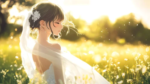 Side-profile bride illustration in sunlit outdoor field scene