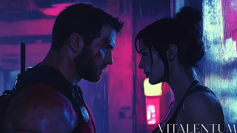 Two rain-soaked lovers confront danger under neon light