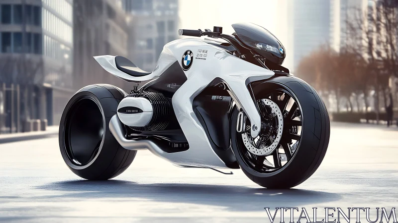 Futuristic BMW concept motorcycle on empty city street.
