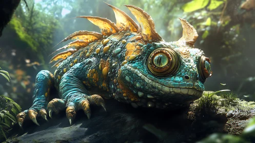 Bioluminescent reptile rendered with high-detail PBR shading in forest