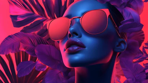 Futuristic woman in neon sunglasses amid tropical leaves, digital art.