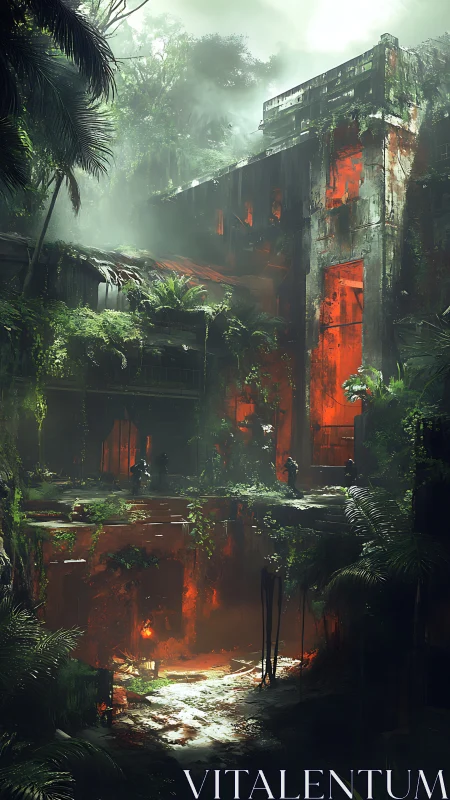 Jungle overrun brutalist ruin with molten interior light shafts