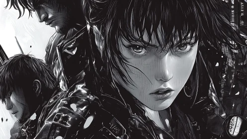 Intense monochrome anime trio rendered with sharp ink detail