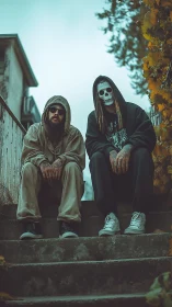 Urban duo on steps with skull mask and hooded streetwear.