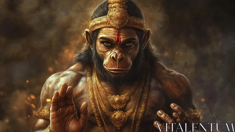 Divine simian warrior in ornate gold regalia, smoky aura.