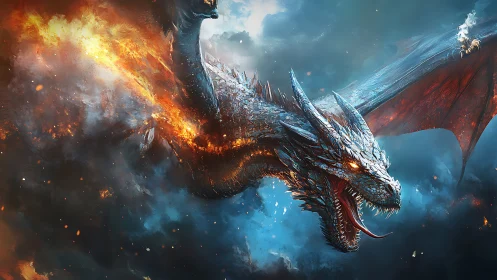 Armored dragon in midair exhaling fire over smoky clouds.