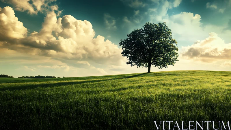 Solitary tree crowns a sunlit meadow beneath sculpted cumulus