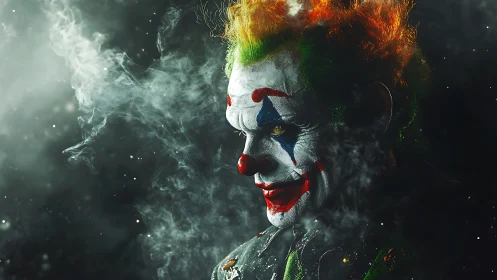 Side profile of clown makeup portrait in smoky low light