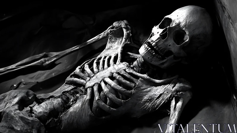 Human skeletal remains in monochrome low light setting.