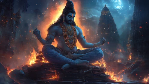 Mythic ascetic deity in flaming ruin under lunar illumination.