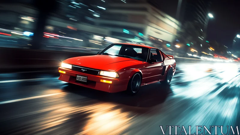 Retro red sports coupe racing through neon city streets.