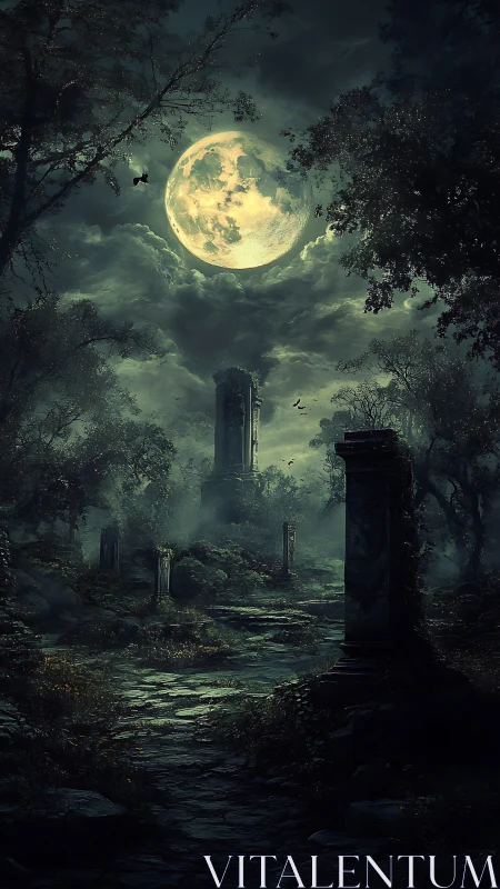Moonlit ruins under stormy sky in haunted forest night.