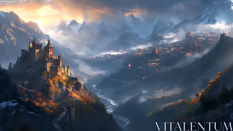 Mountain stronghold overlooking illuminated valley city at dusk