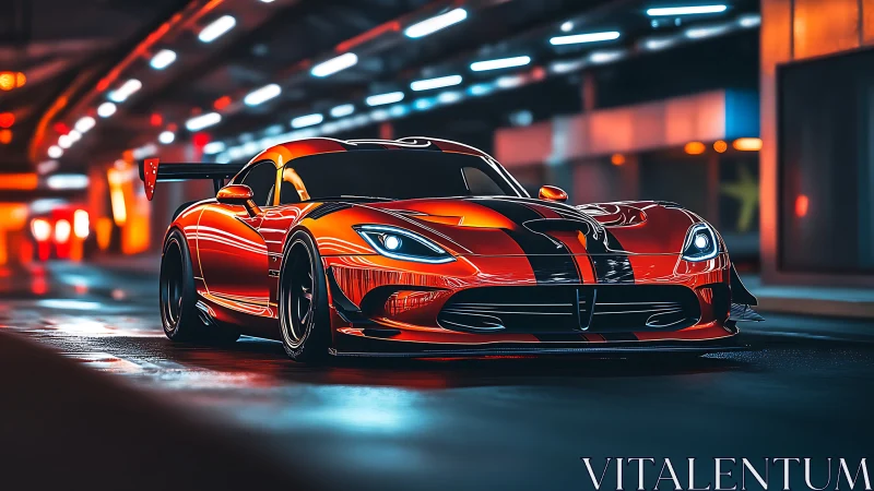 Fiery red sports car glowing under sleek city lights.