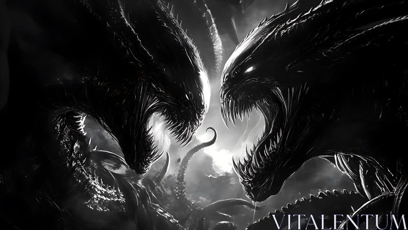 Hostile alien creatures facing off in monochrome duel.