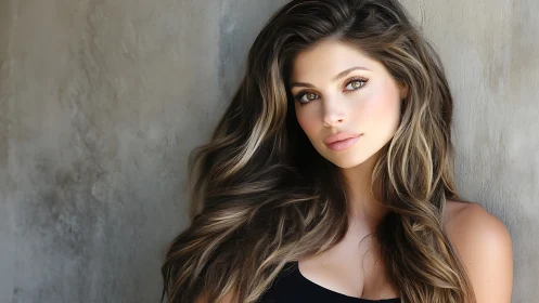 Sunlit gaze and cascading waves in soft concrete calm.