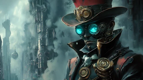 Steampunk wanderer glowing against a misty sky city.
